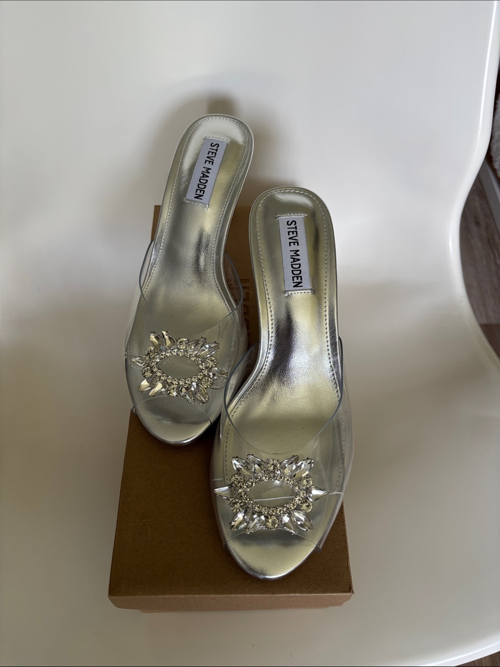 Steve Madden Silver Crystal-Embellished Slide Mules
